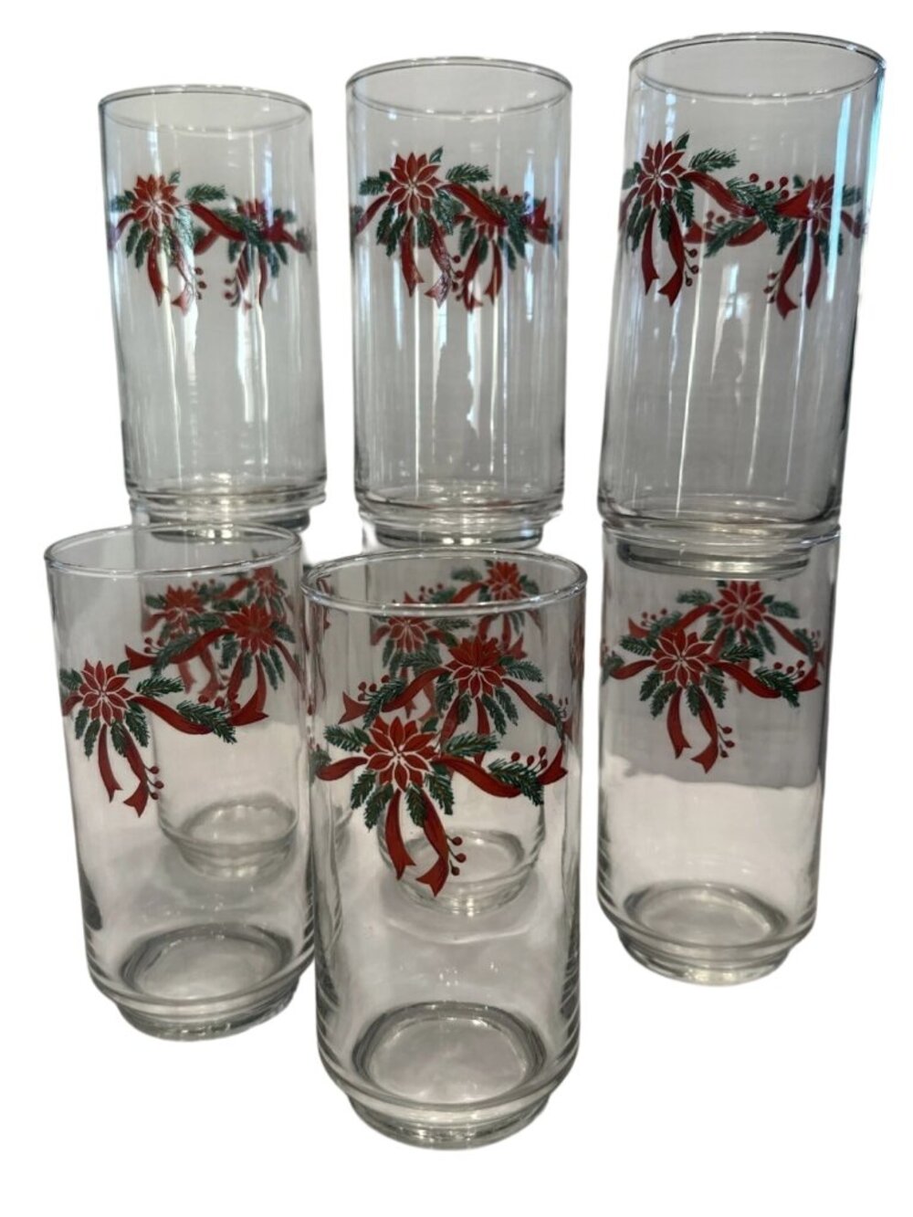 Vintage Libbey Poinsettia Christmas Holly Berry Tumbler Set of 8 16 oz
